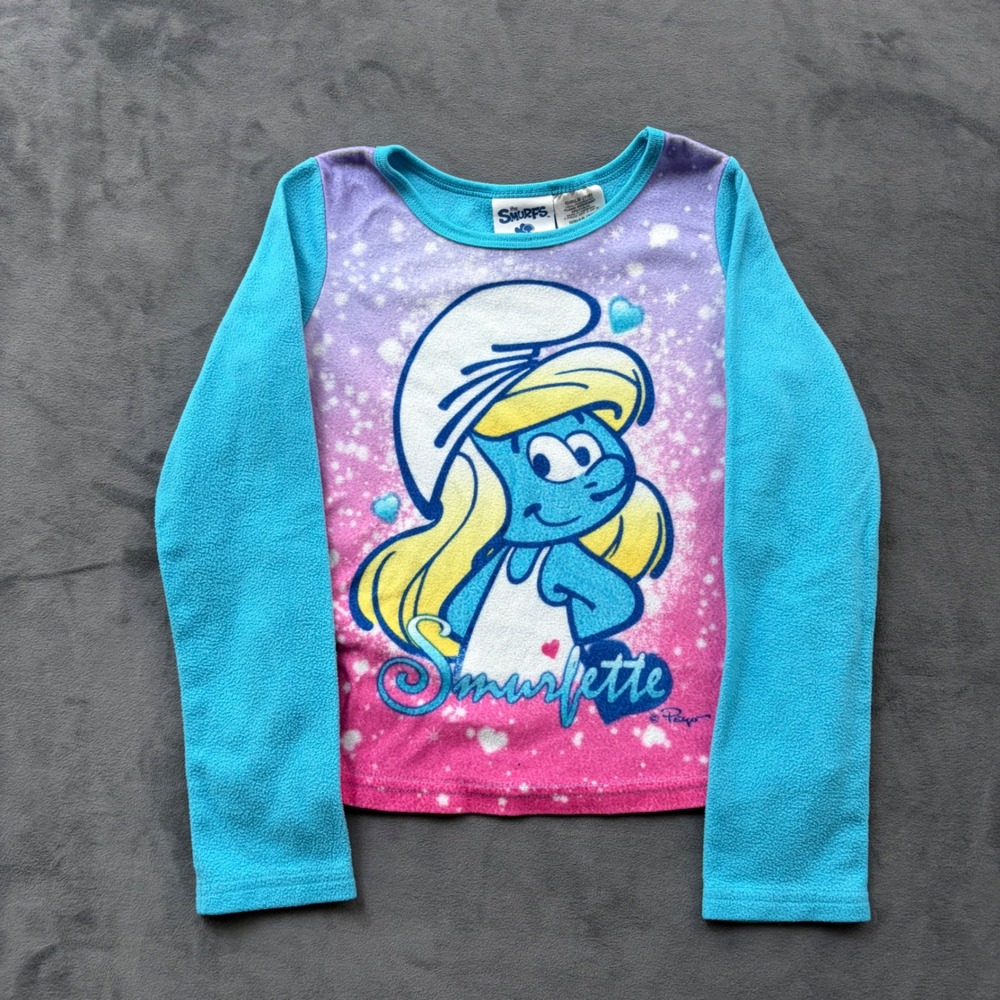 The Smurfs Smurfette Girls Fleece Pajama Top Blue Pink Size 7/8 Long Sleeve